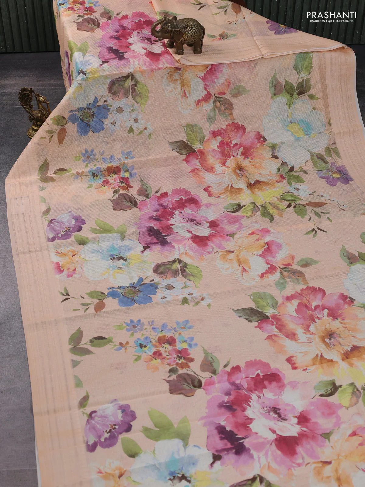 Kota silk cotton saree pale orange with floarl digital prints and thread woven border - Image 2