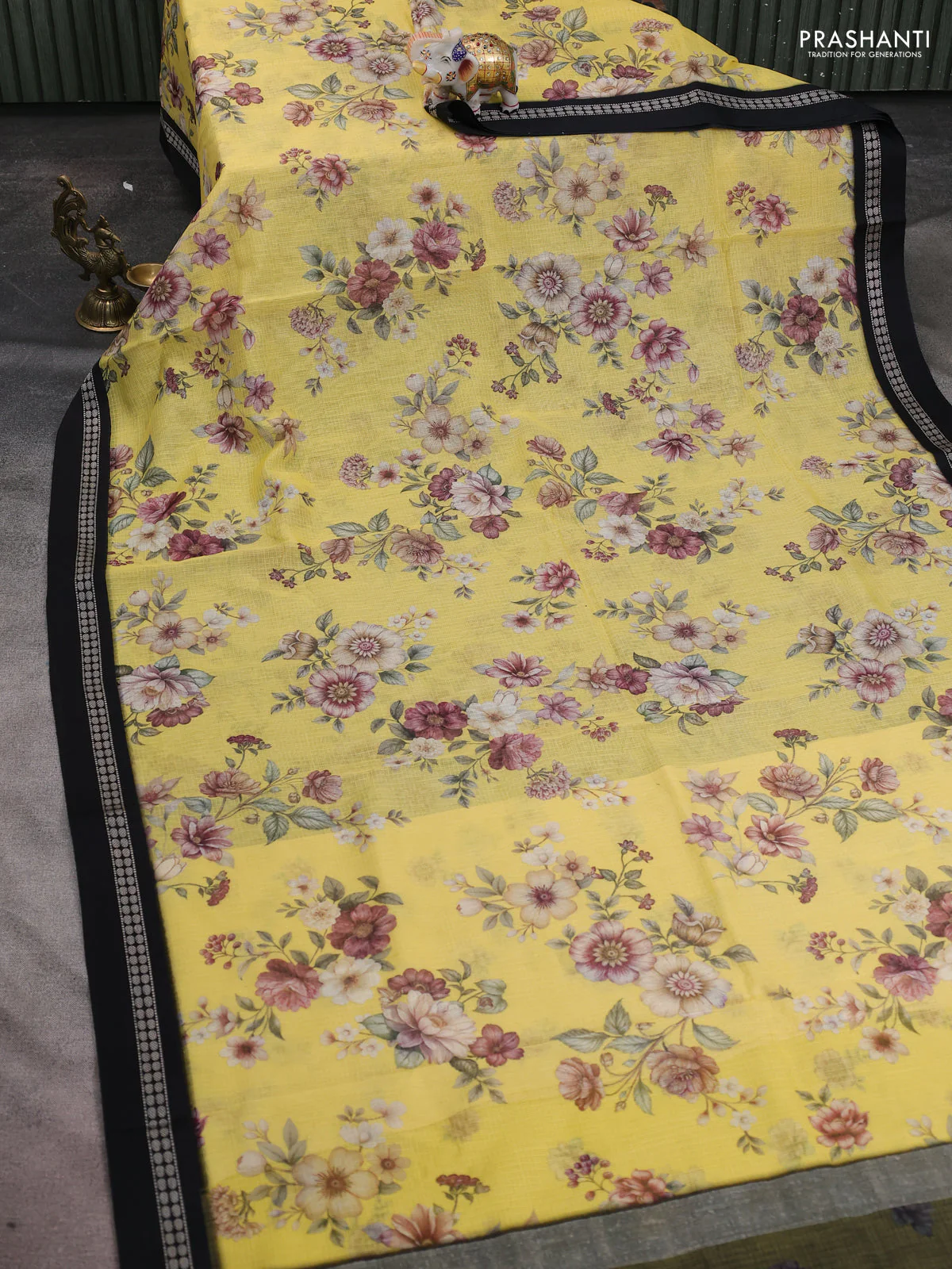 Kota silk cotton saree pale yellow and black with allover floral digital prints and thread woven border - Image 2