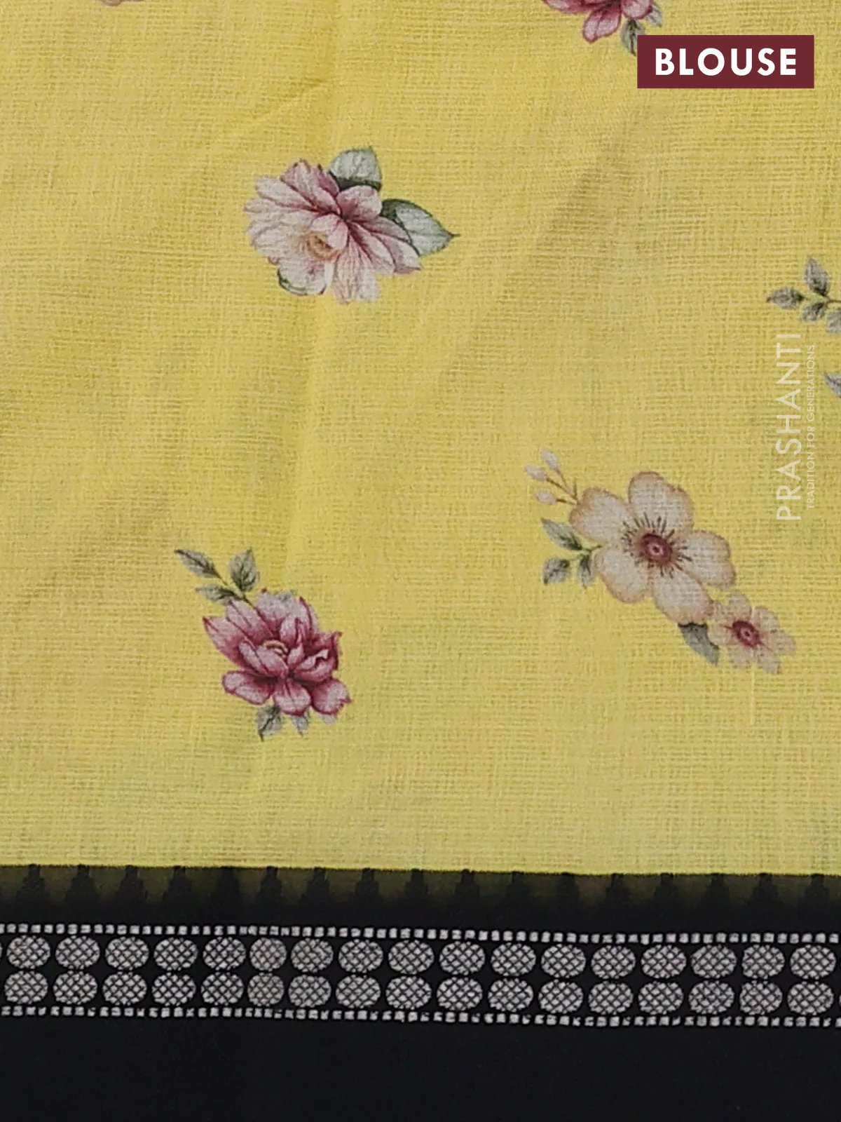 Kota silk cotton saree pale yellow and black with allover floral digital prints and thread woven border - Image 3
