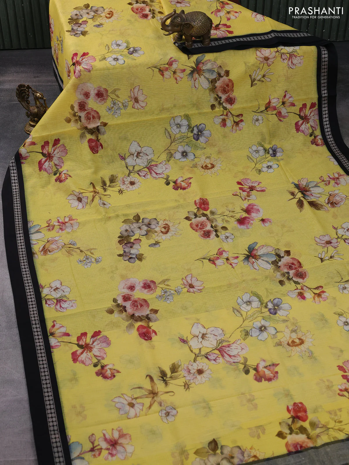 Kota silk cotton saree pale yellow and black with allover floral digital prints and thread woven border - Image 2