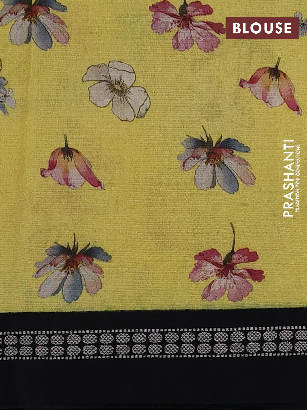 Kota silk cotton saree pale yellow and black with allover floral digital prints and thread woven border - Image 3