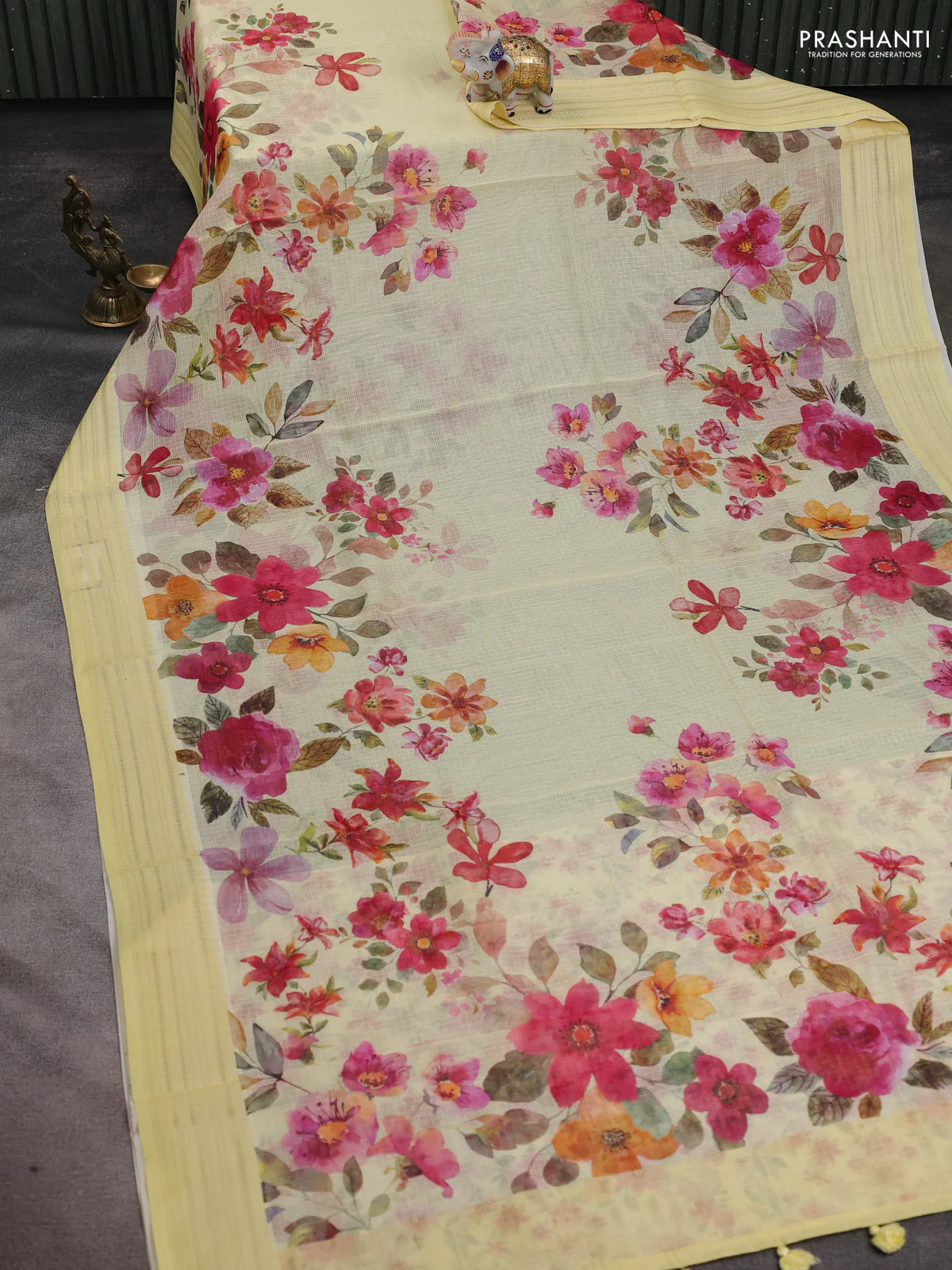 Kota silk cotton saree pale yellow with allover floral digital prints and thread woven border - Image 2