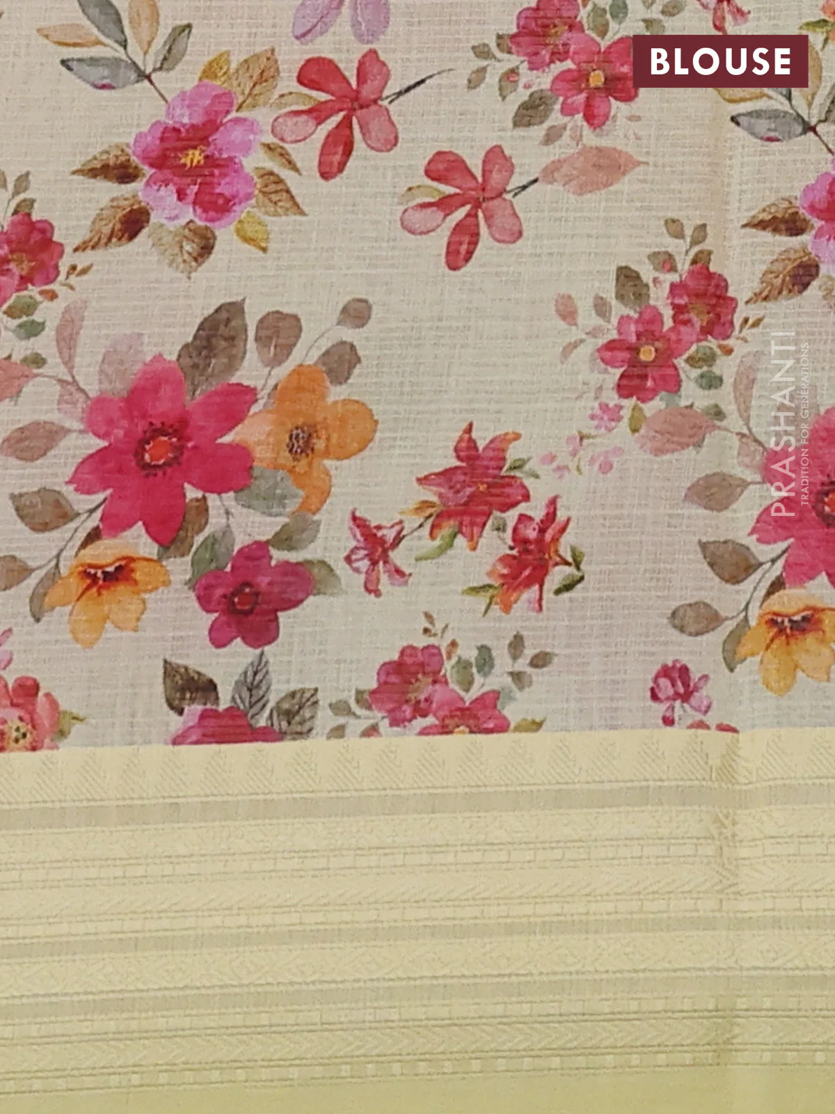 Kota silk cotton saree pale yellow with allover floral digital prints and thread woven border - Image 3