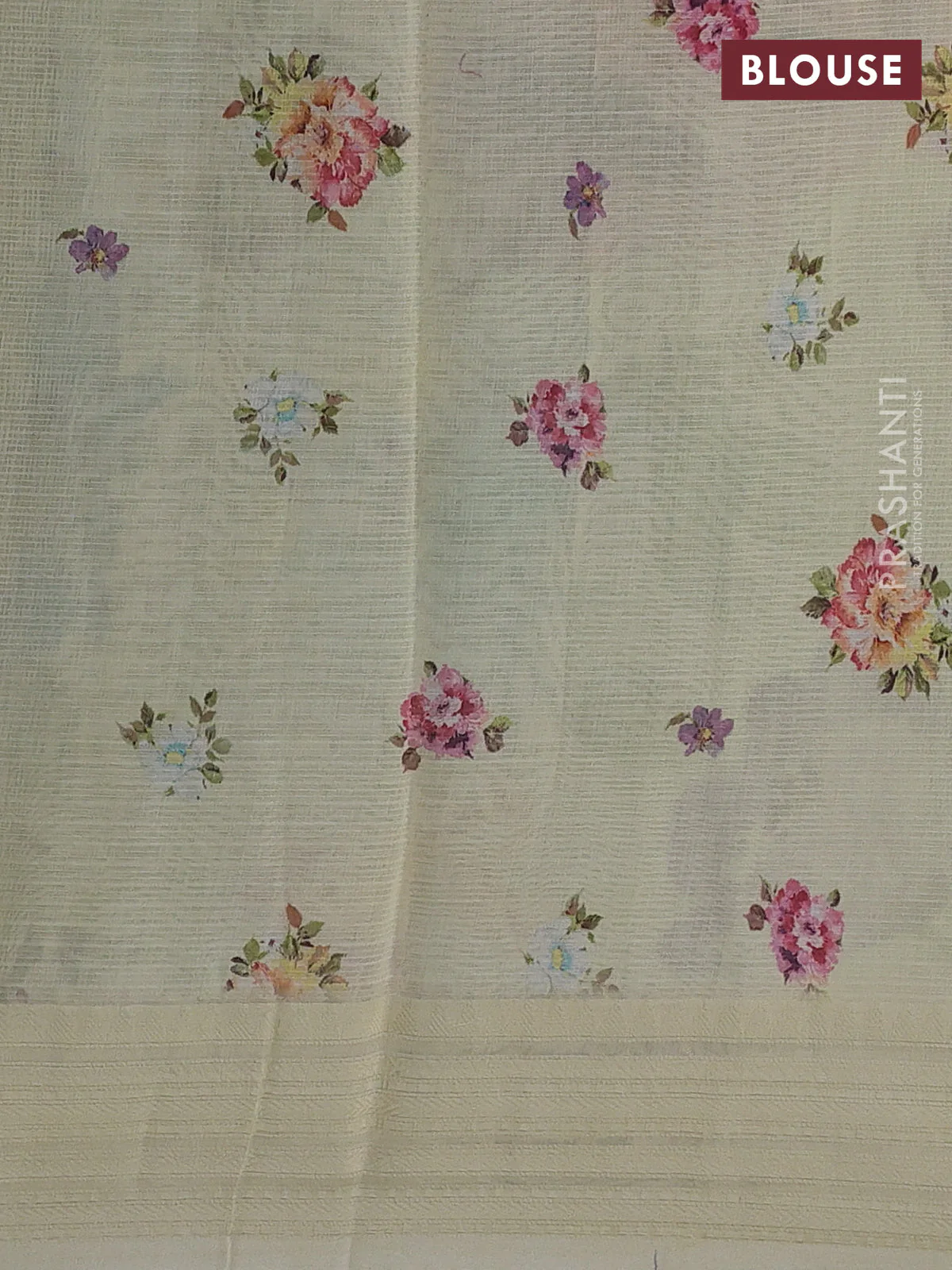 Kota silk cotton saree pale yellow with floarl digital prints and thread woven border - Image 3