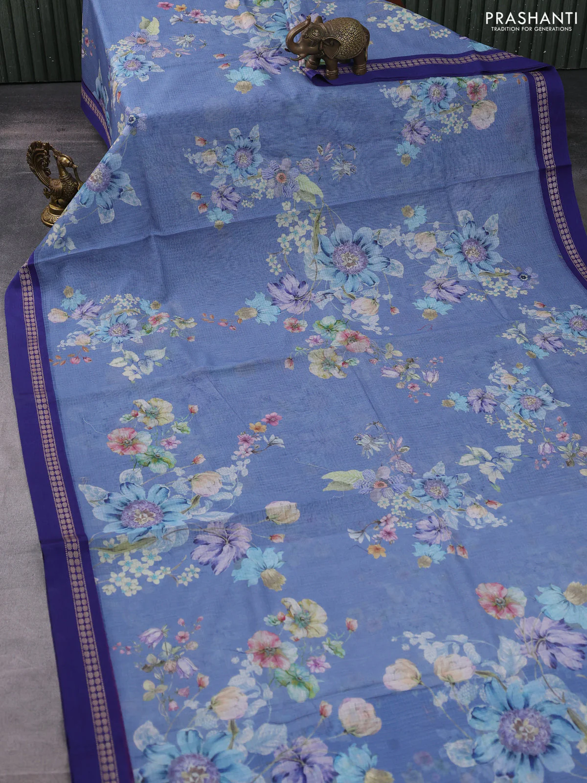 Kota silk cotton saree pastel blue and blue with allover floral digital prints and thread woven border - Image 2