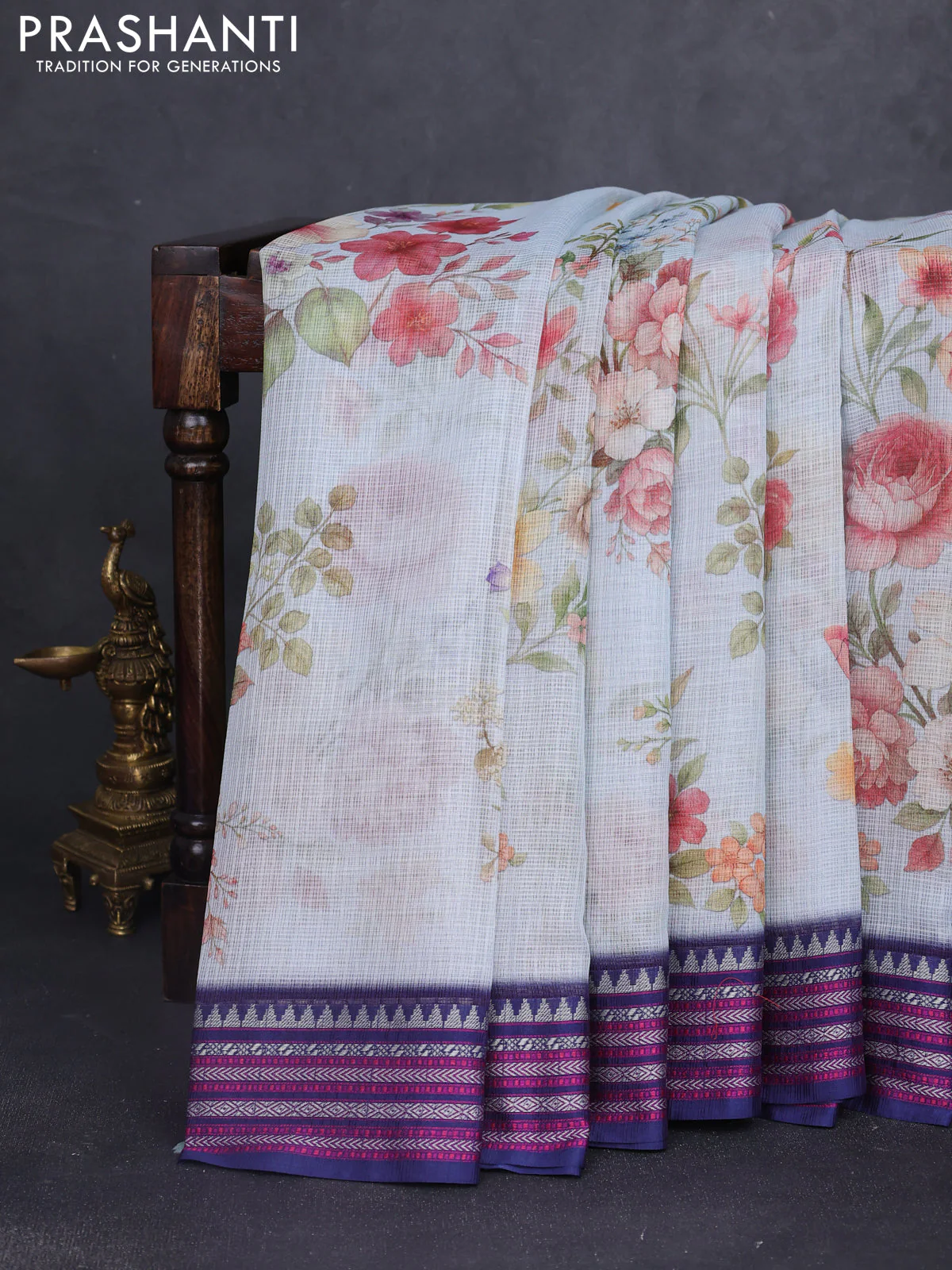 Kota silk cotton saree pastel blue and navy blue with floarl digital prints and thread woven border