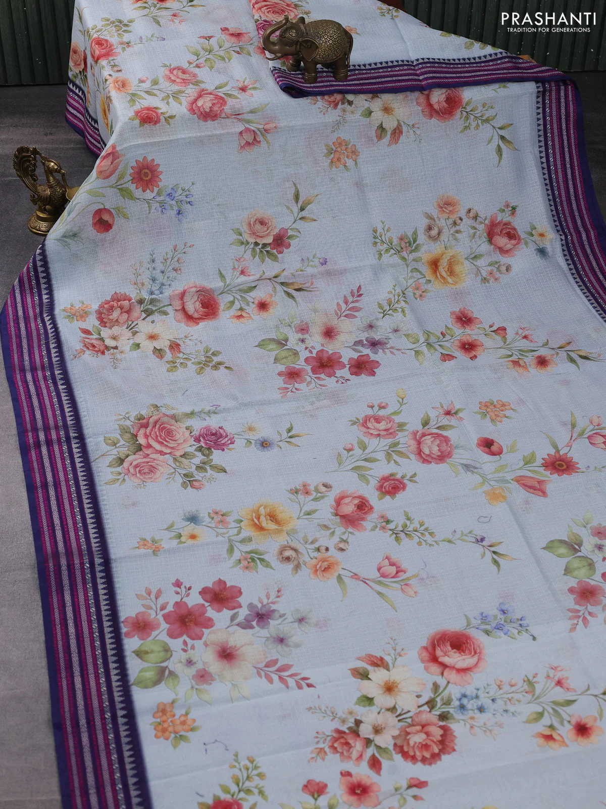 Kota silk cotton saree pastel blue and navy blue with floarl digital prints and thread woven border - Image 2