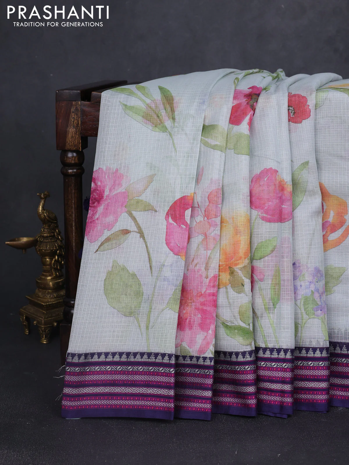 Kota silk cotton saree pastel blue shade and navy blue with floarl digital prints and thread woven border