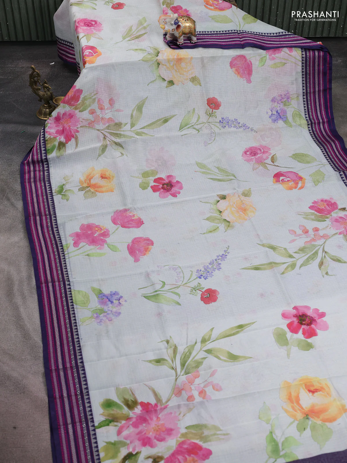 Kota silk cotton saree pastel blue shade and navy blue with floarl digital prints and thread woven border - Image 2