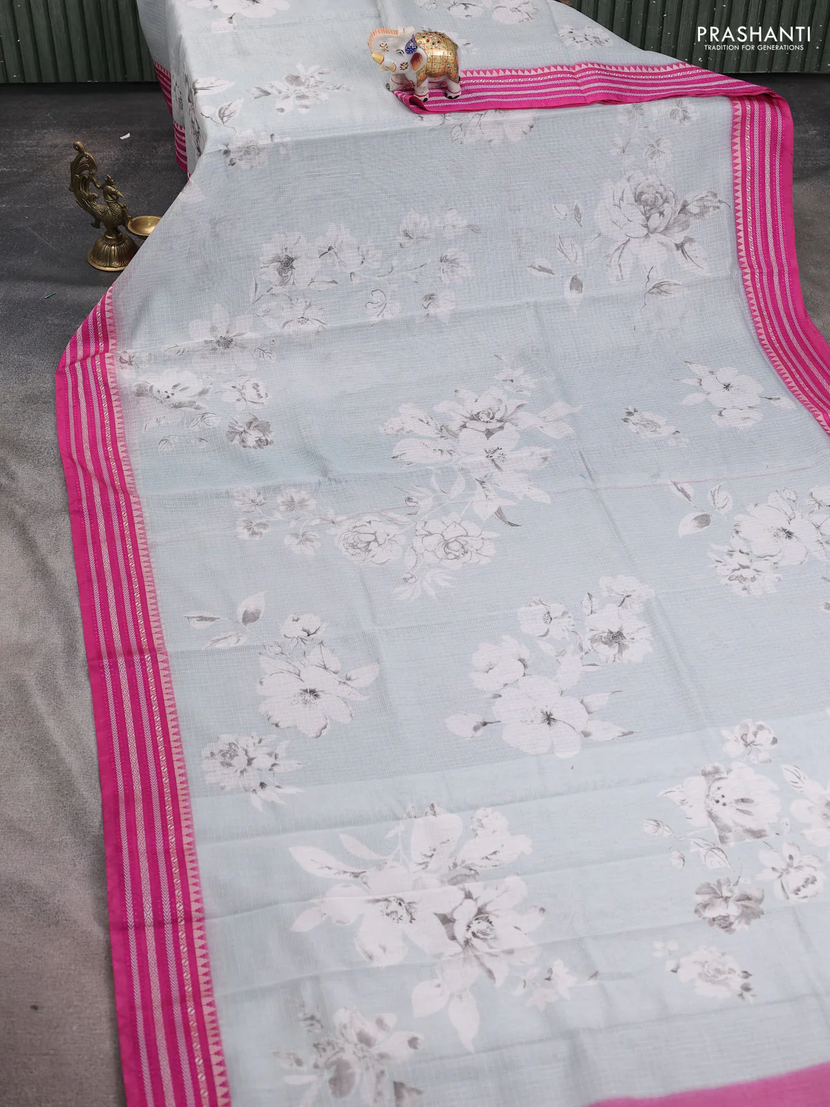 Kota silk cotton saree pastel blue shade and pink with floarl digital prints and thread woven border - Image 2