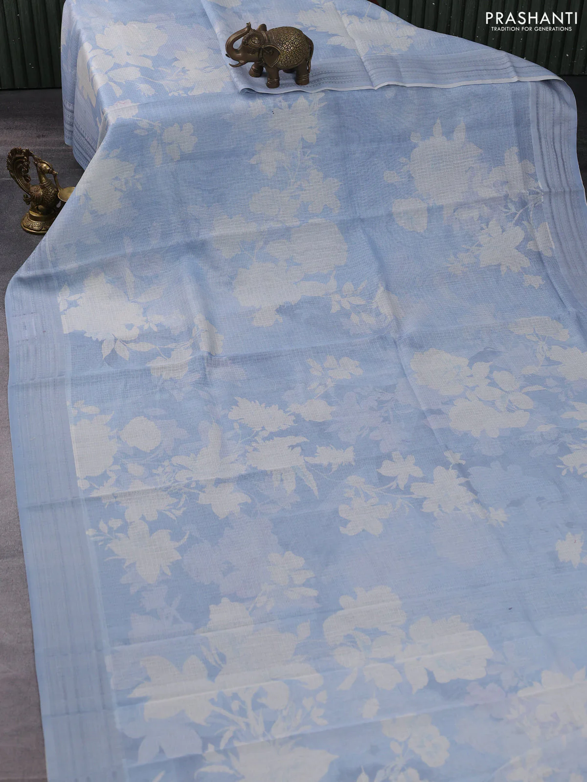 Kota silk cotton saree pastel blue shade with floral digital prints and thread woven border - Image 2