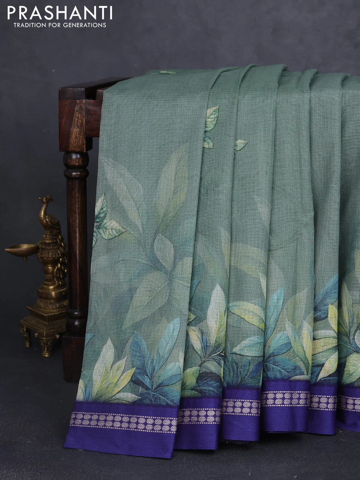 Kota silk cotton saree pastel green and blue with digital prints and thread woven border