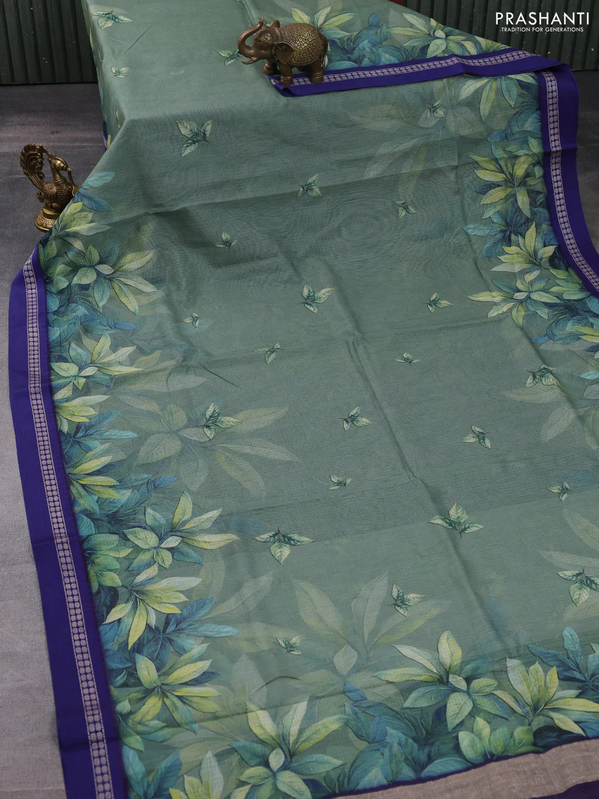 Kota silk cotton saree pastel green and blue with digital prints and thread woven border - Image 2
