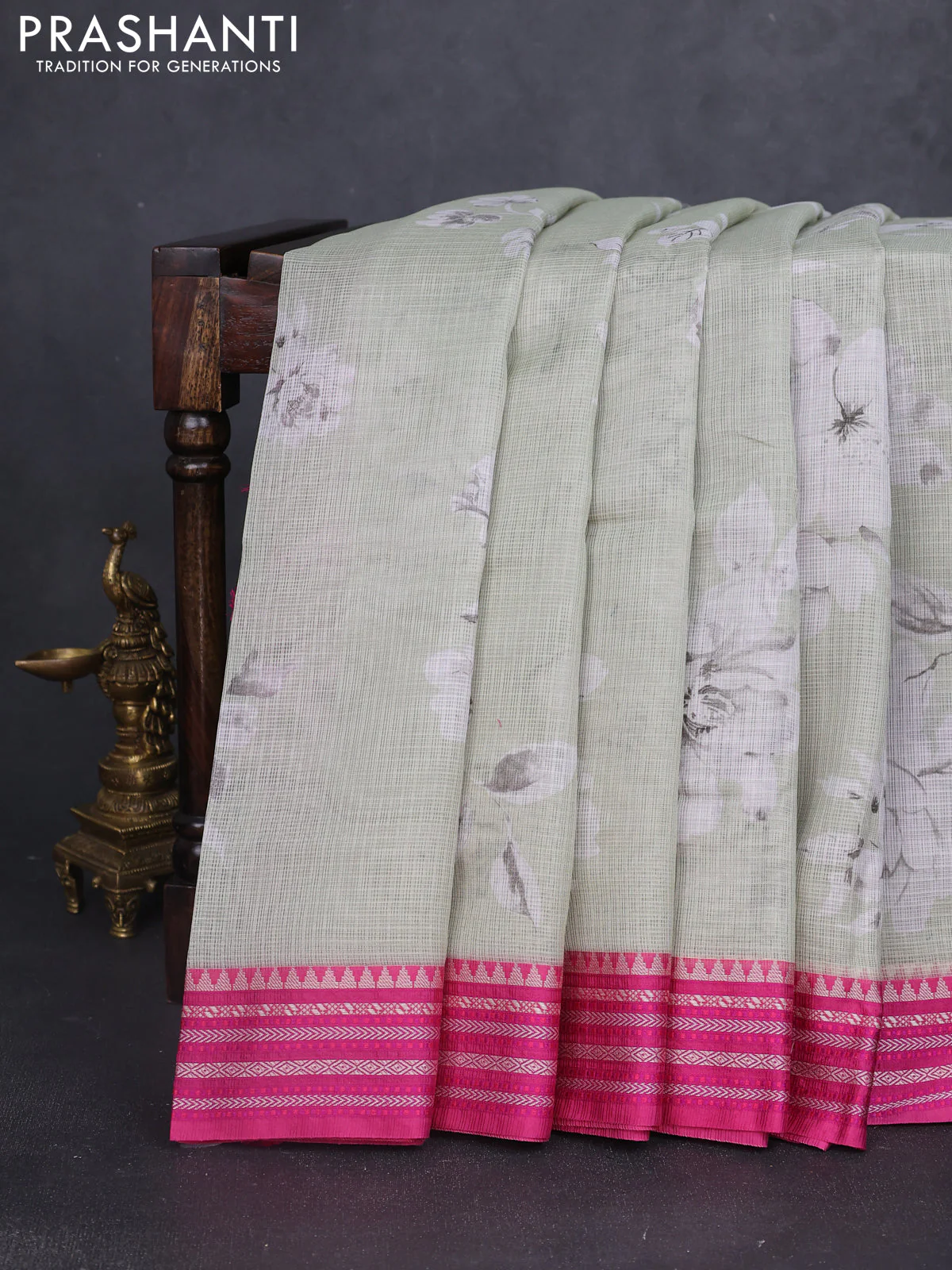 Kota silk cotton saree pastel green and pink with floarl digital prints and thread woven border