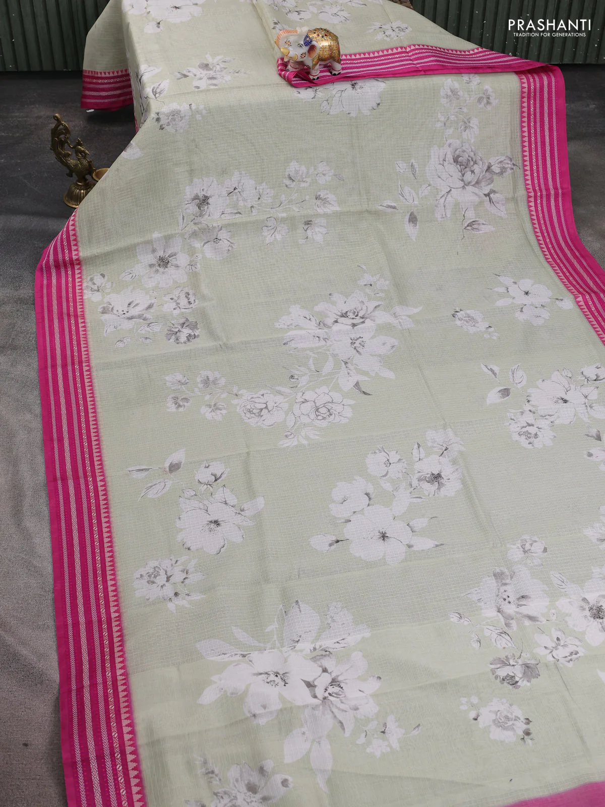Kota silk cotton saree pastel green and pink with floarl digital prints and thread woven border - Image 2