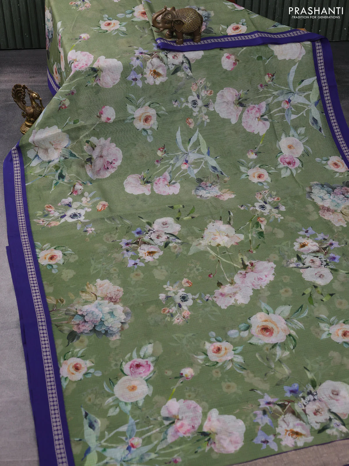Kota silk cotton saree pastel green shade and blue with allover floral digital prints and thread woven border - Image 2