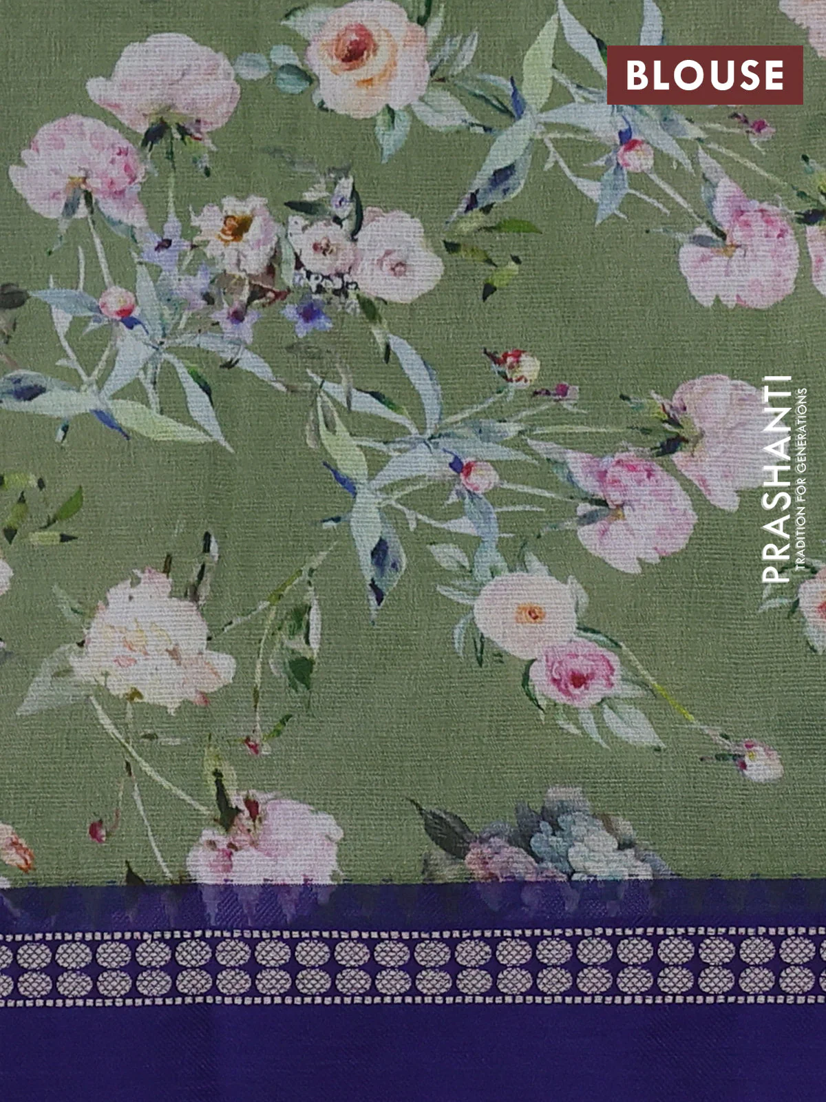 Kota silk cotton saree pastel green shade and blue with allover floral digital prints and thread woven border - Image 3