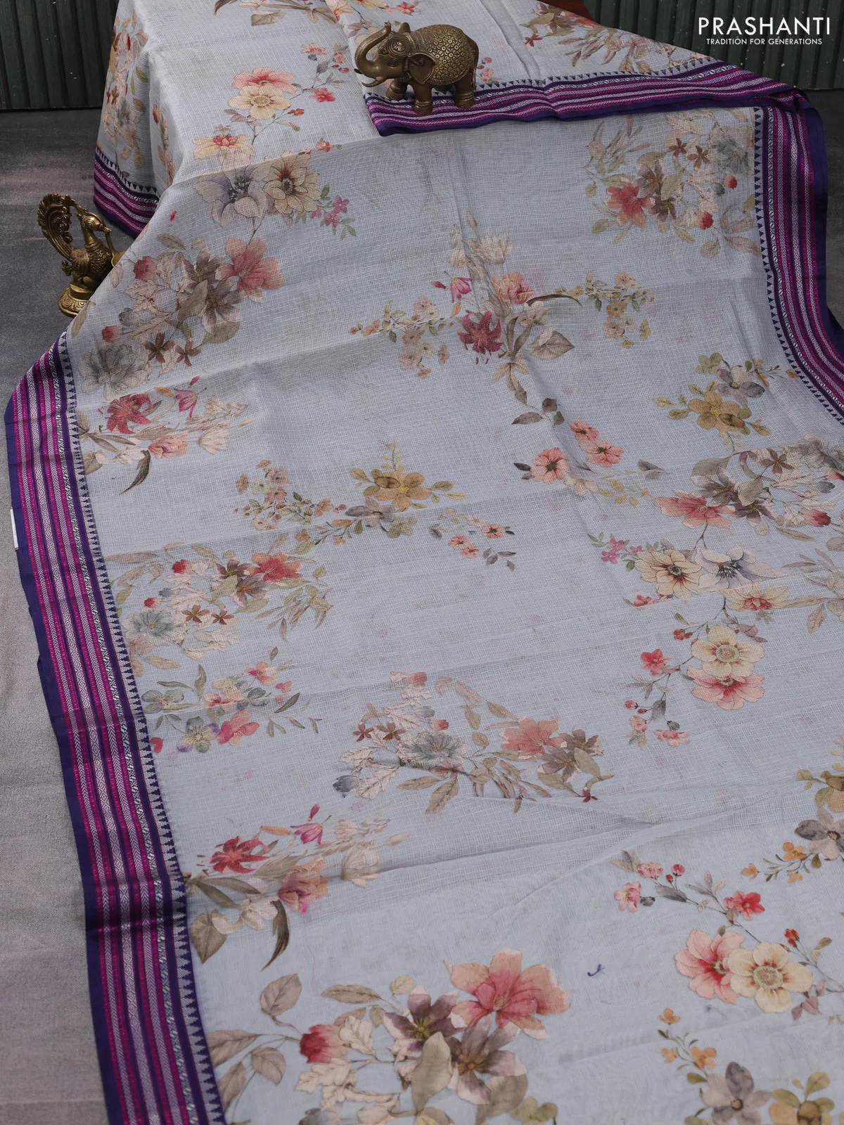Kota silk cotton saree pastel grey and navy blue with allover floral digital prints and thread woven border - Image 2