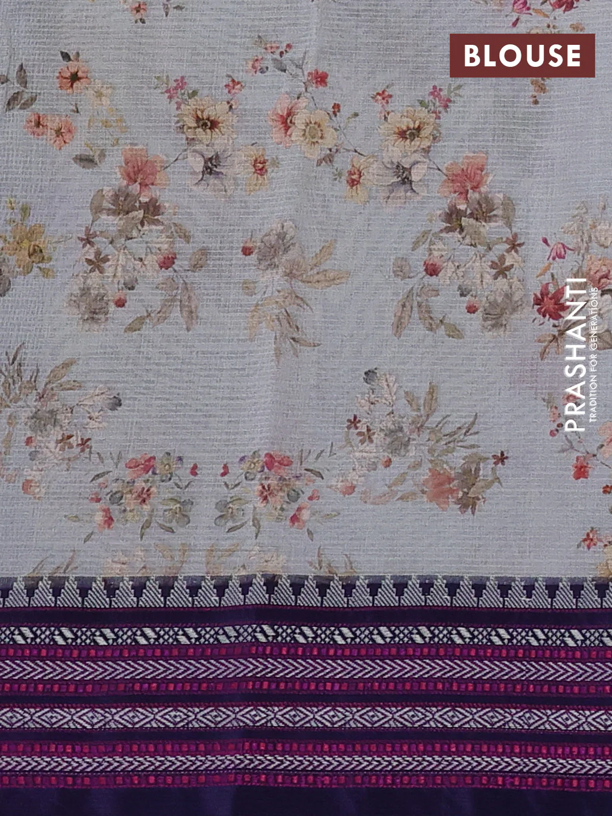 Kota silk cotton saree pastel grey and navy blue with allover floral digital prints and thread woven border - Image 3