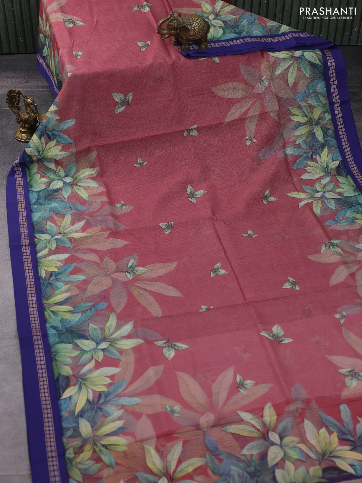 Kota silk cotton saree pastel maroon and blue with digital prints and thread woven border - Image 2