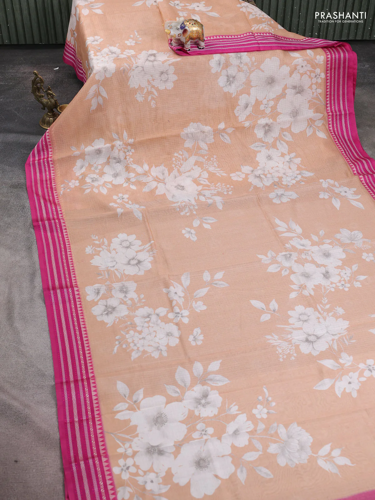 Kota silk cotton saree pastel peach and pink with allover floral digital prints and thread woven border - Image 2