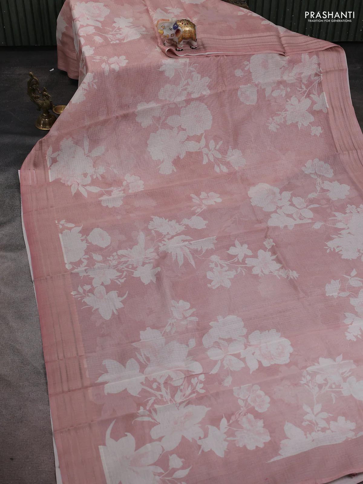 Kota silk cotton saree pastel peach with floral digital prints and thread woven border - Image 2