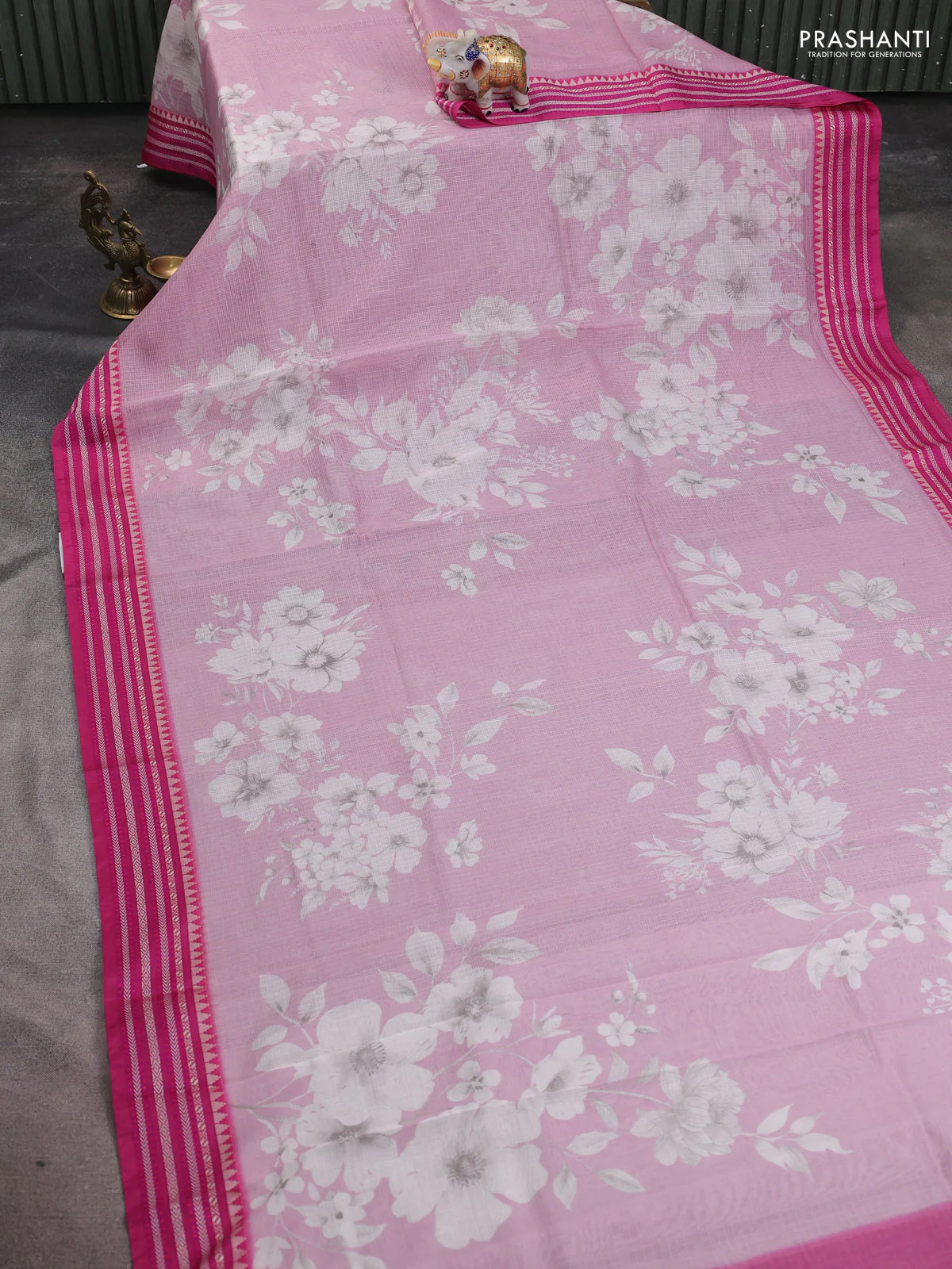 Kota silk cotton saree pastel pink and pink with allover floral digital prints and thread woven border - Image 2