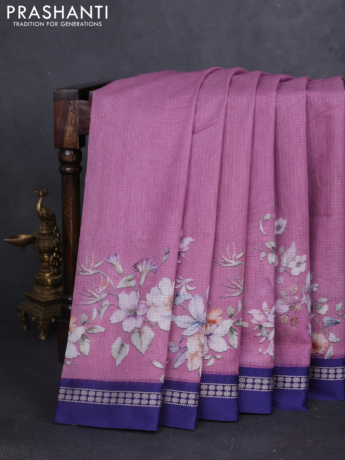 Kota silk cotton saree pastel purple and blue with floral digital prints and thread woven border