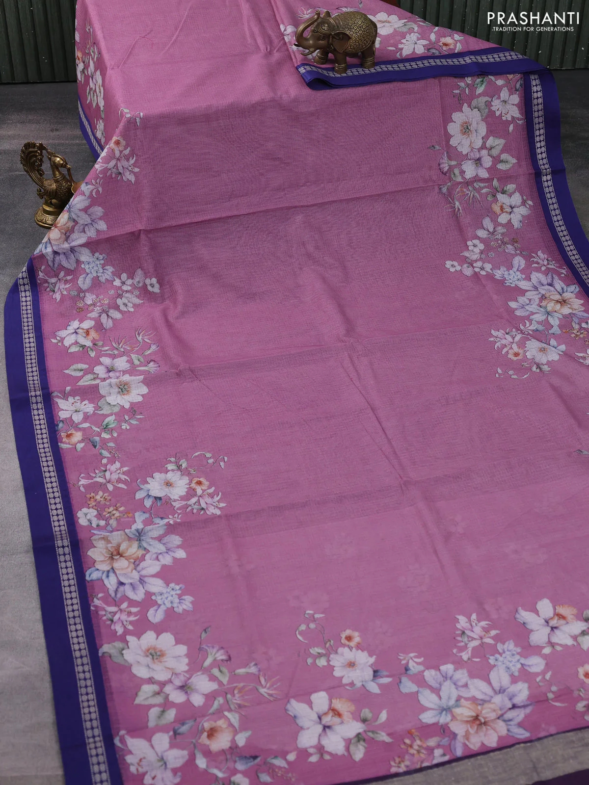 Kota silk cotton saree pastel purple and blue with floral digital prints and thread woven border - Image 2