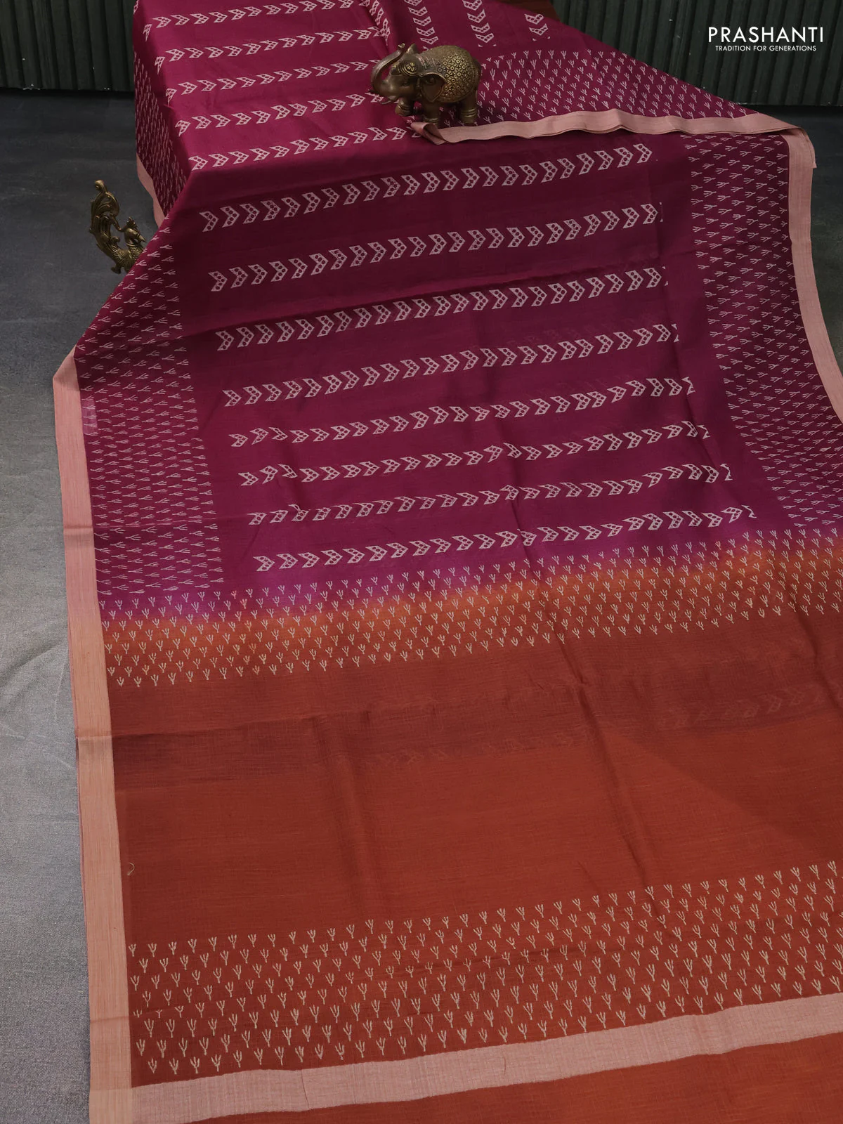 Kota silk cotton saree pastel violet and mustard yellow with allover block prints and printed border - Image 2