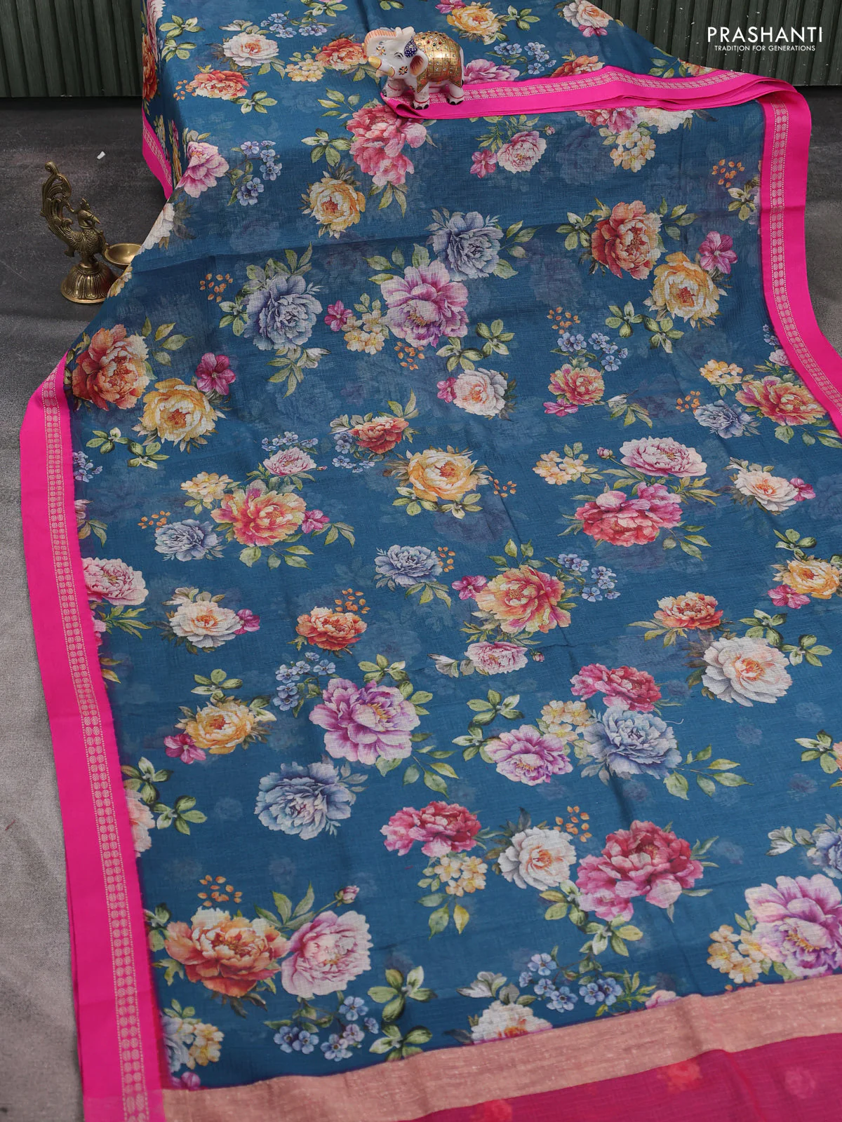 Kota silk cotton saree peacock blue and pink with allover floral digital prints and thread woven border - Image 2