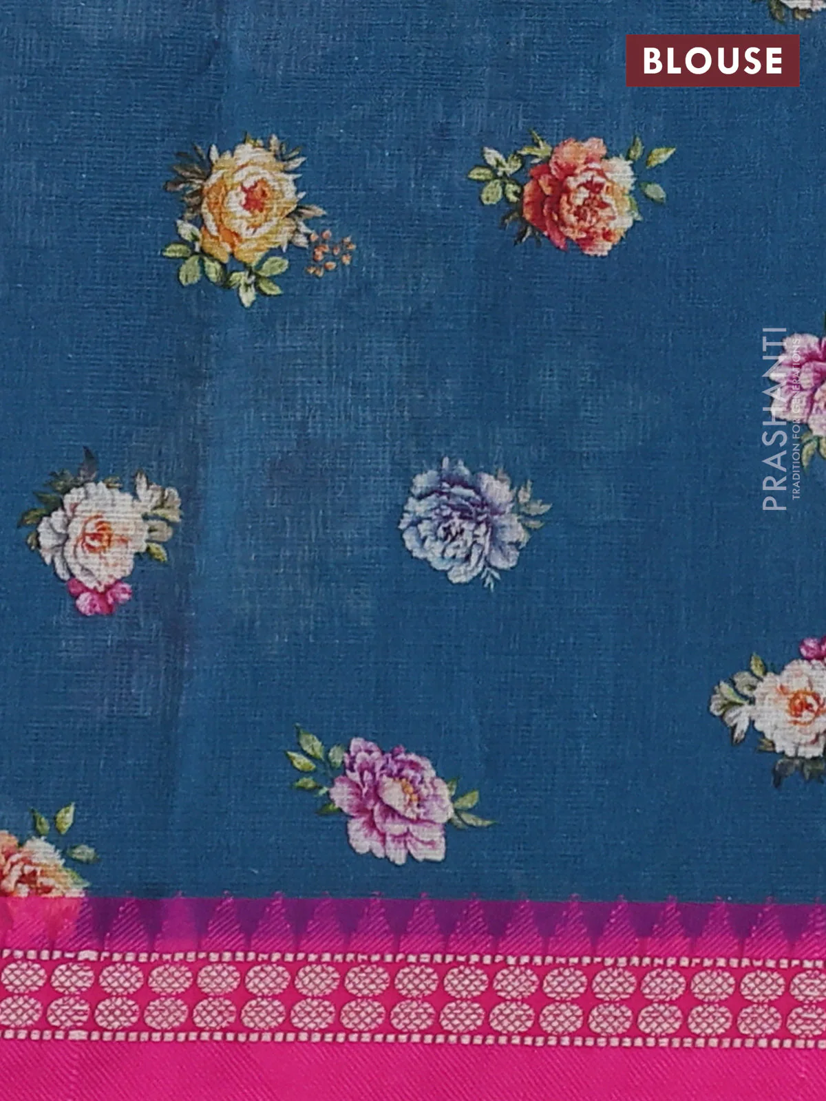 Kota silk cotton saree peacock blue and pink with allover floral digital prints and thread woven border - Image 3