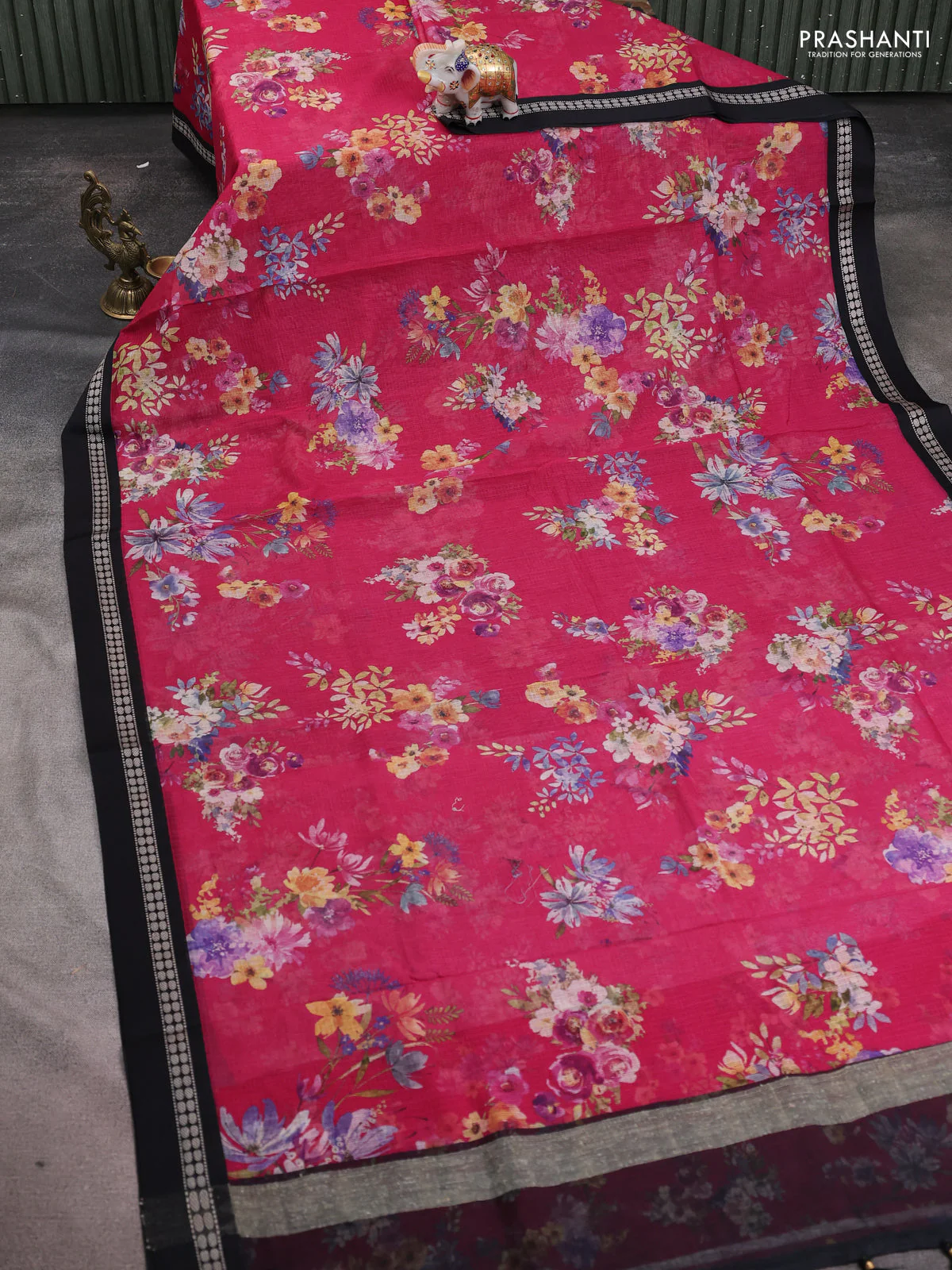 Kota silk cotton saree pink and black with allover floral digital prints and thread woven border - Image 2