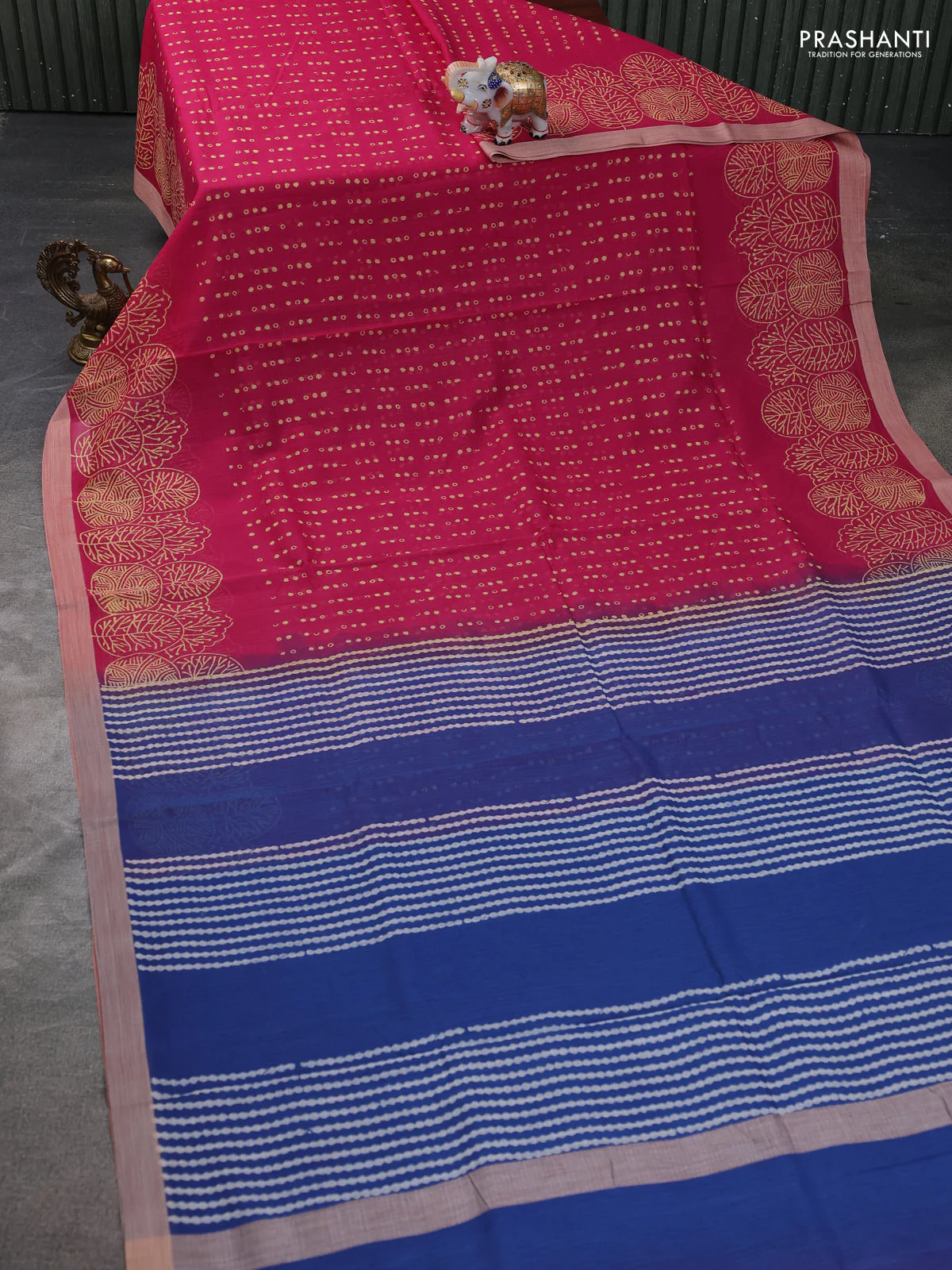 Kota silk cotton saree pink and blue with allover block prints and printed border - Image 2