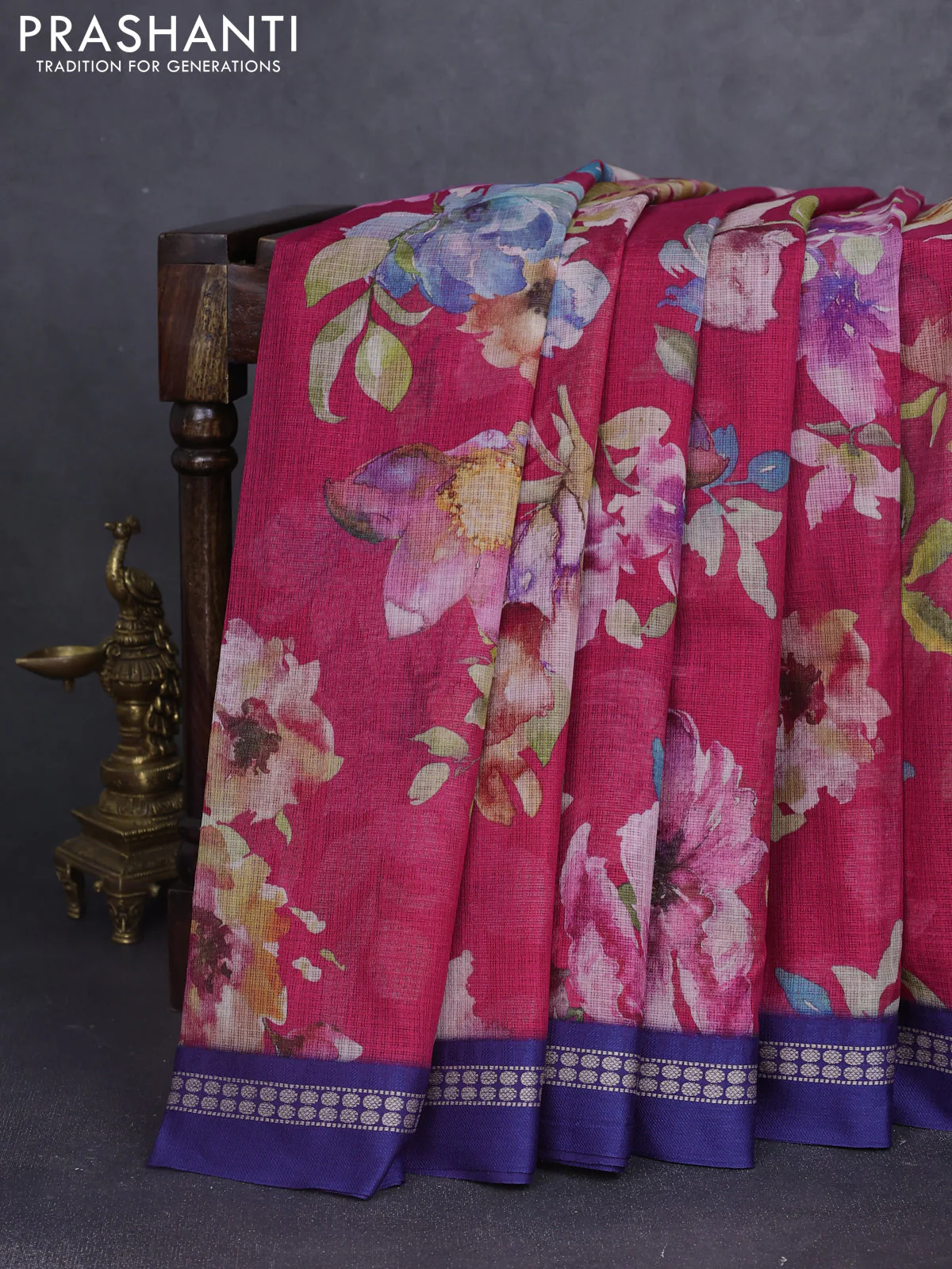 Kota silk cotton saree pink and blue with allover floral digital prints and thread woven border