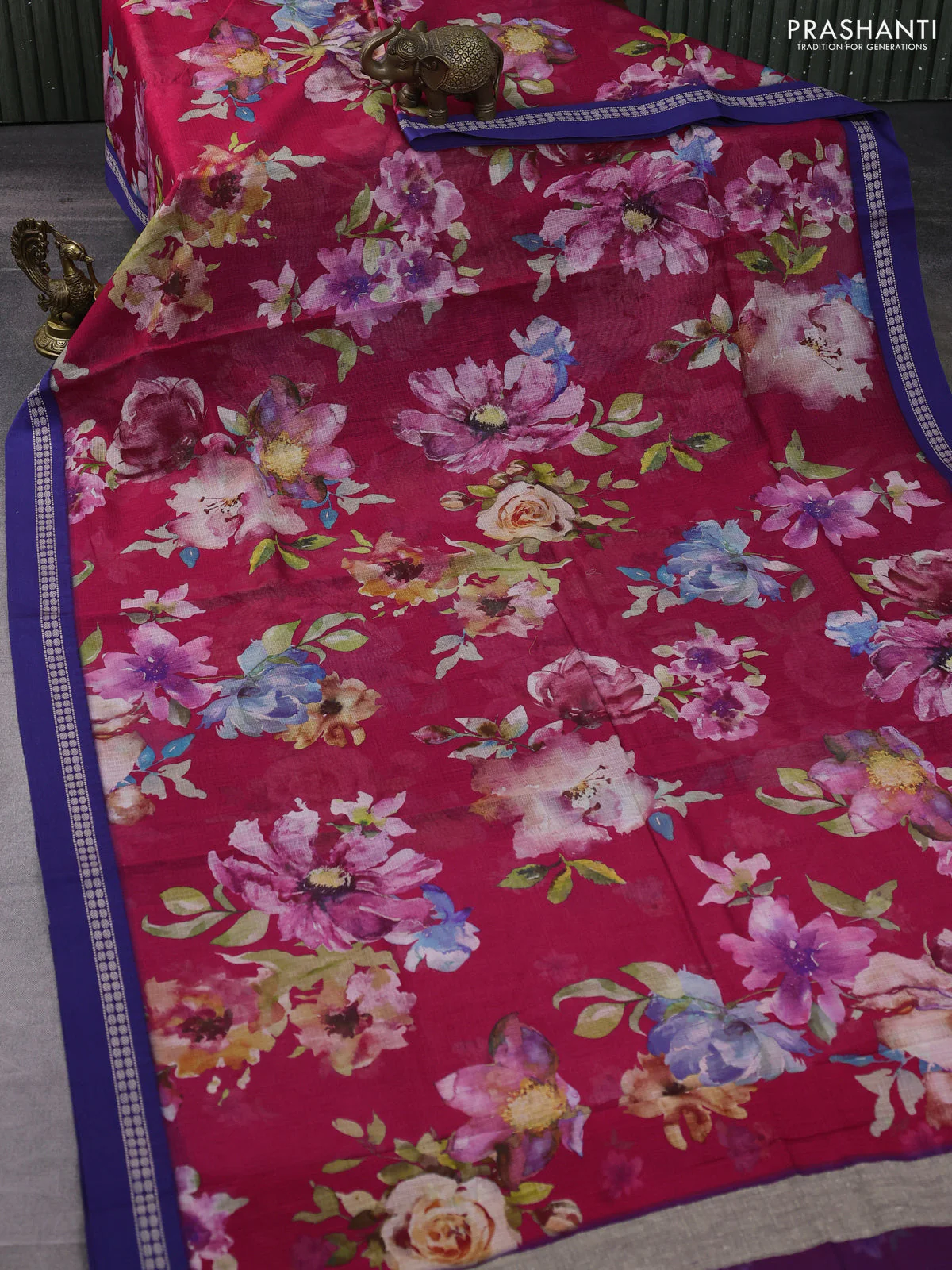 Kota silk cotton saree pink and blue with allover floral digital prints and thread woven border - Image 2