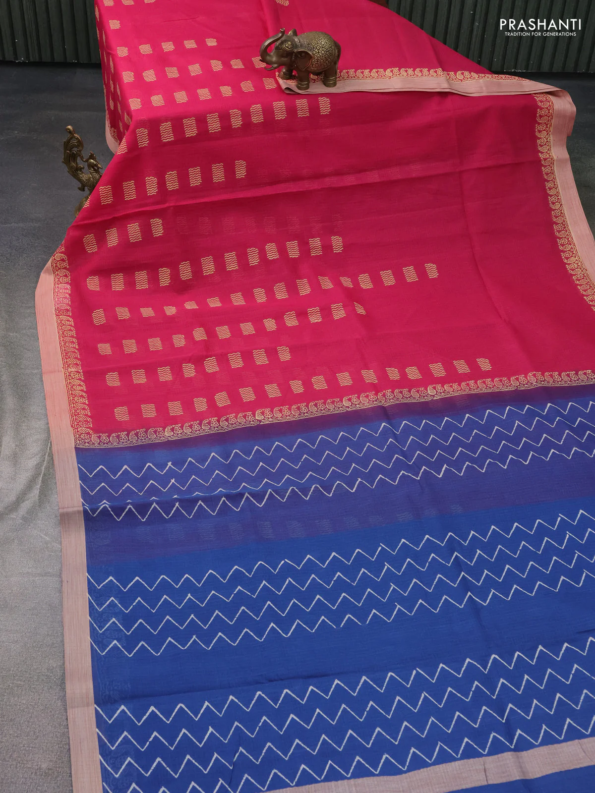 Kota silk cotton saree pink and blue with butta block prints and printed border - Image 2