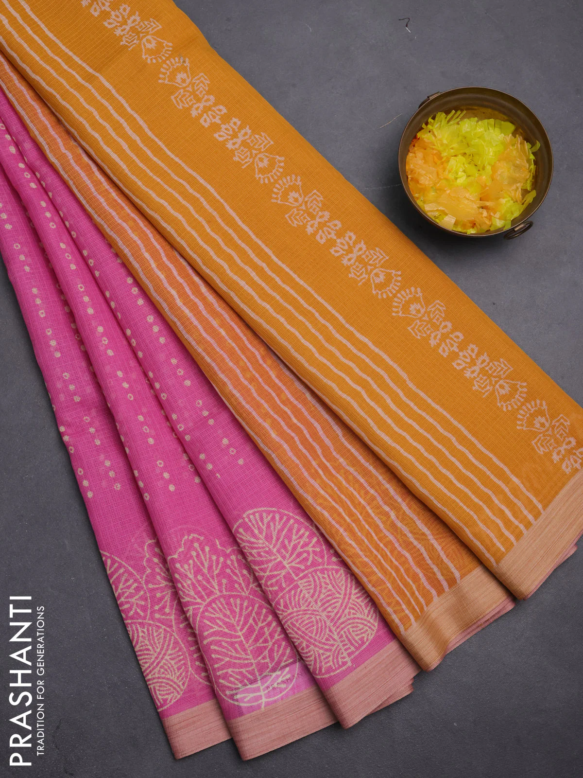 Kota silk cotton saree pink and dark mustard with allover block prints and simple border