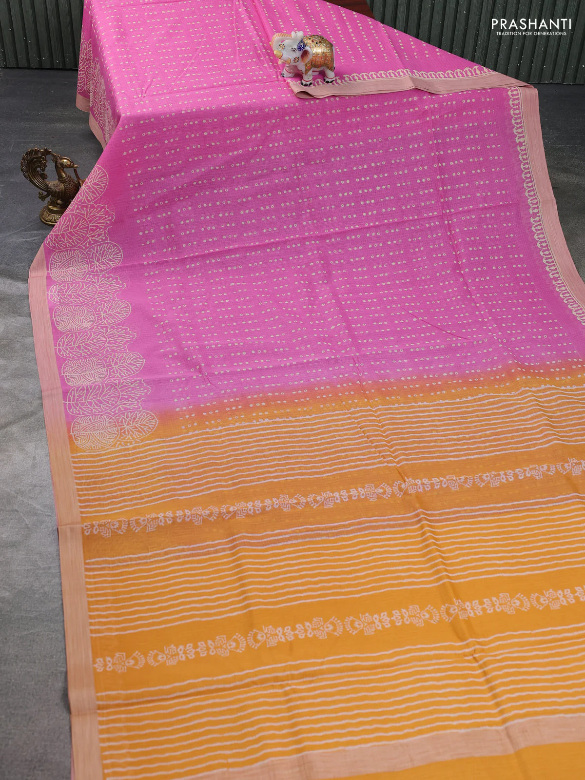 Kota silk cotton saree pink and dark mustard with allover block prints and simple border - Image 2