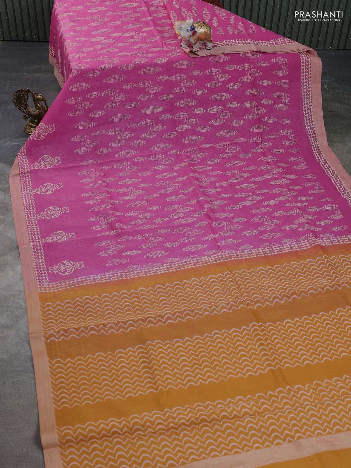 Kota silk cotton saree pink and dark mustard with block prints and long printed border - Image 2