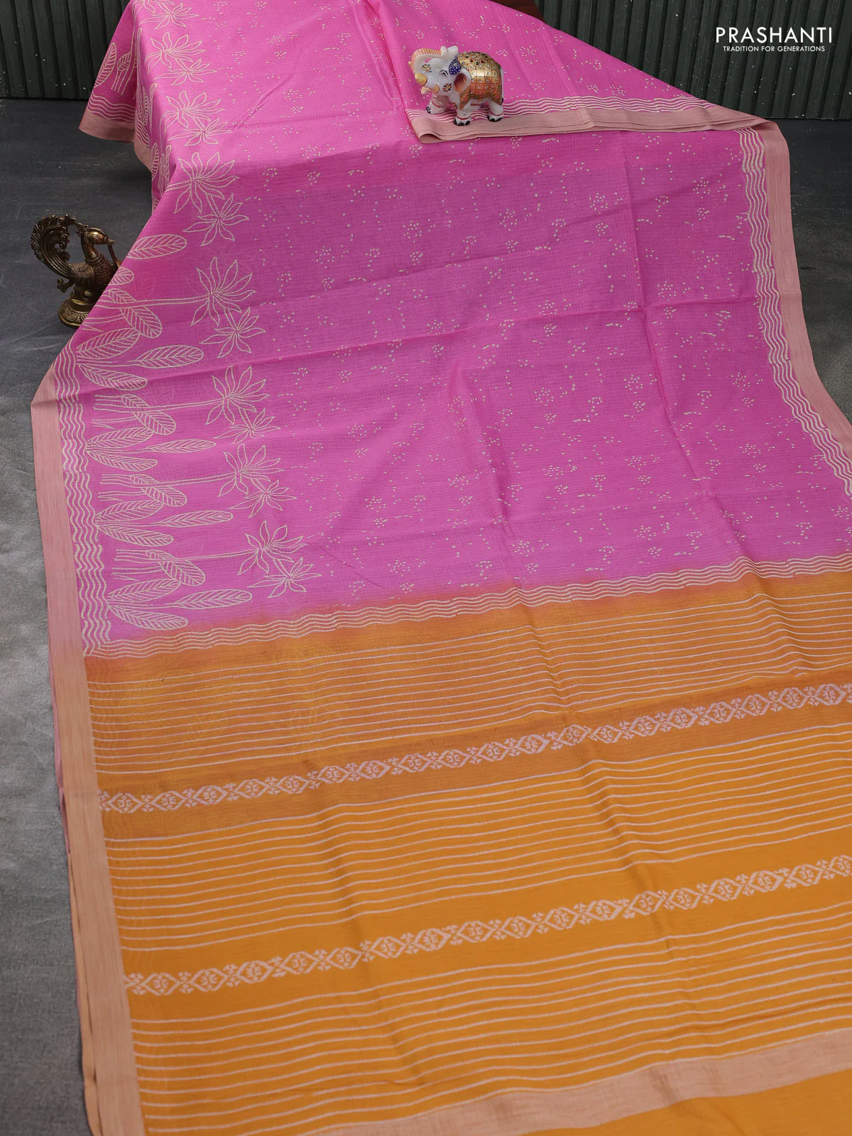 Kota silk cotton saree pink and mustard yellow with allover block prints and simple border - Image 2
