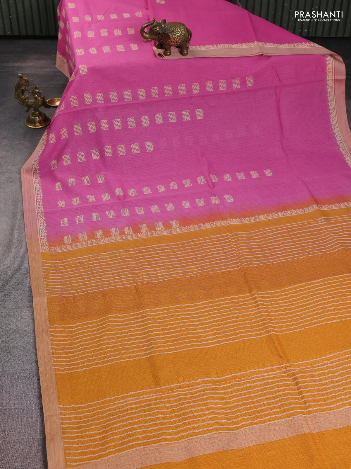 Kota silk cotton saree pink and mustard yellow with allover block prints and simple border - Image 2
