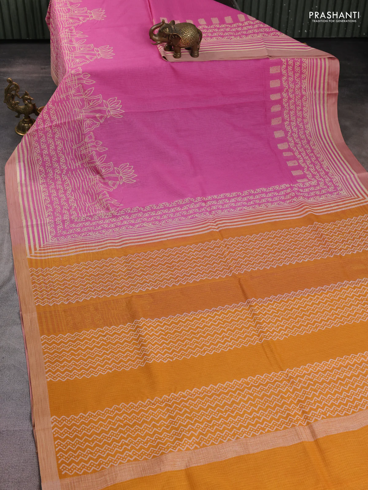 Kota silk cotton saree pink and mustard yellow with allover block prints and simple border - Image 2