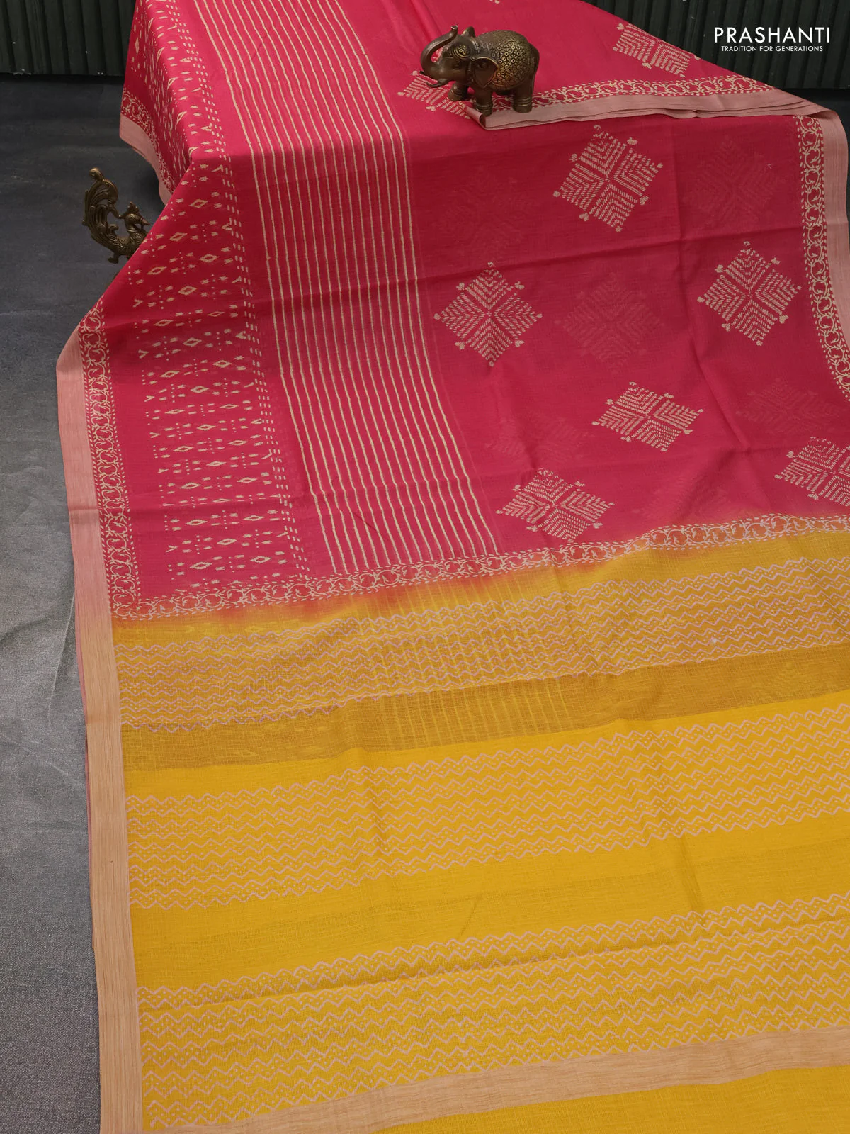 Kota silk cotton saree pink and yellow with allover block prints and long printed border - Image 2