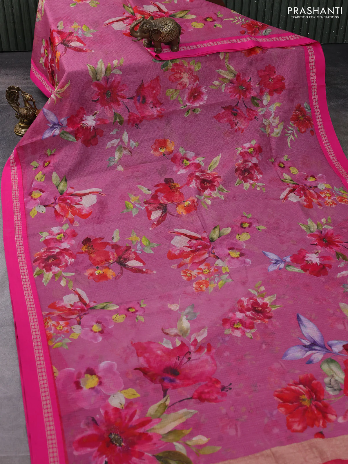 Kota silk cotton saree pink shade and pink with allover floral digital prints and thread woven border - Image 2