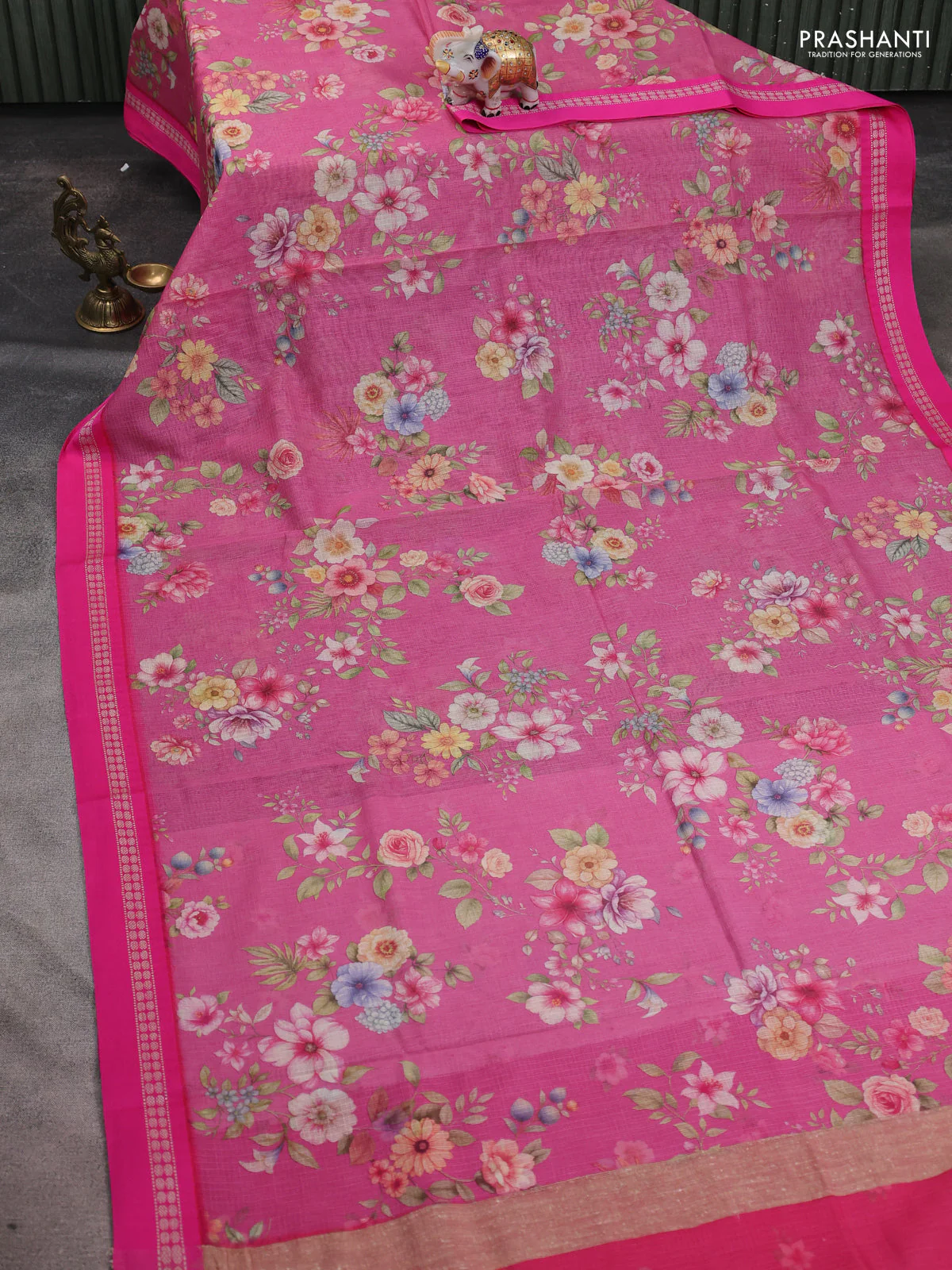 Kota silk cotton saree pink shade and pink with floarl digital prints and thread woven border - Image 2