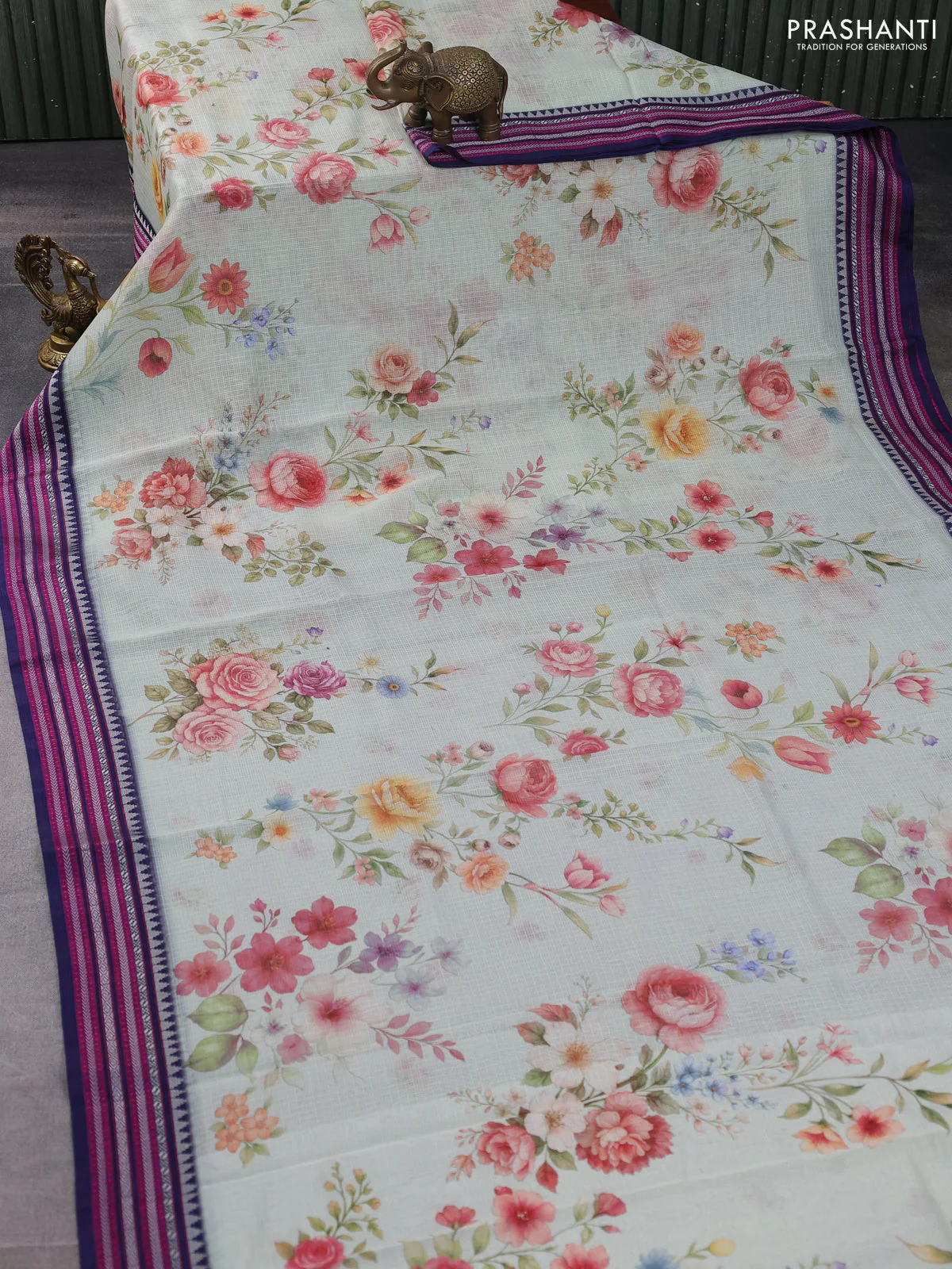 Kota silk cotton saree pista green and navy blue with floarl digital prints and thread woven border - Image 2