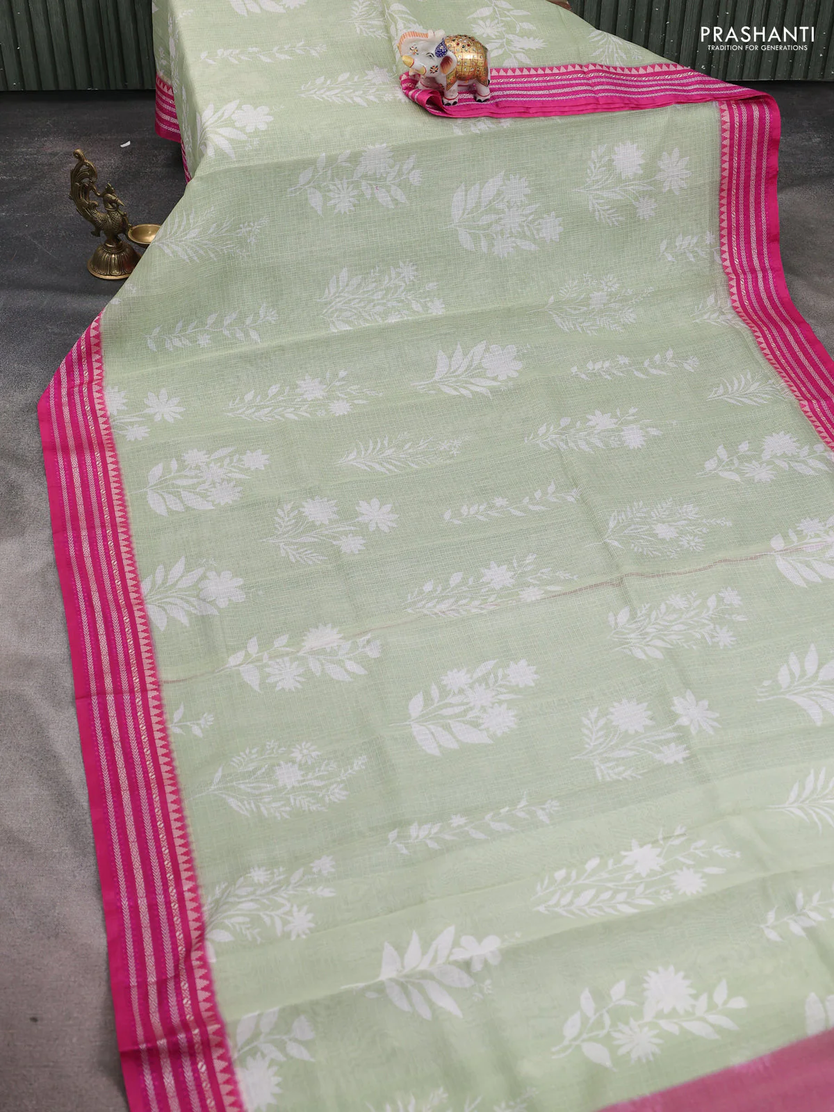 Kota silk cotton saree pista green and pink with floarl digital prints and thread woven border - Image 2