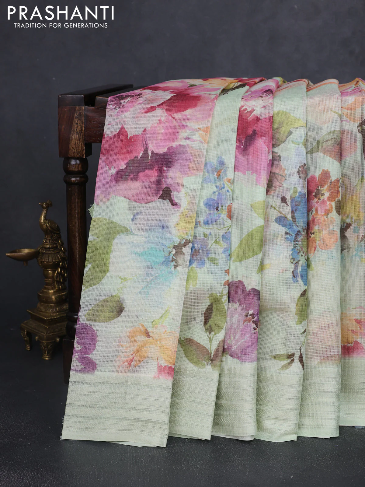 Kota silk cotton saree pista green with floarl digital prints and thread woven border