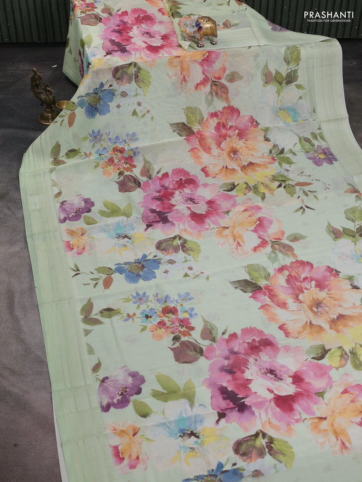 Kota silk cotton saree pista green with floarl digital prints and thread woven border - Image 2